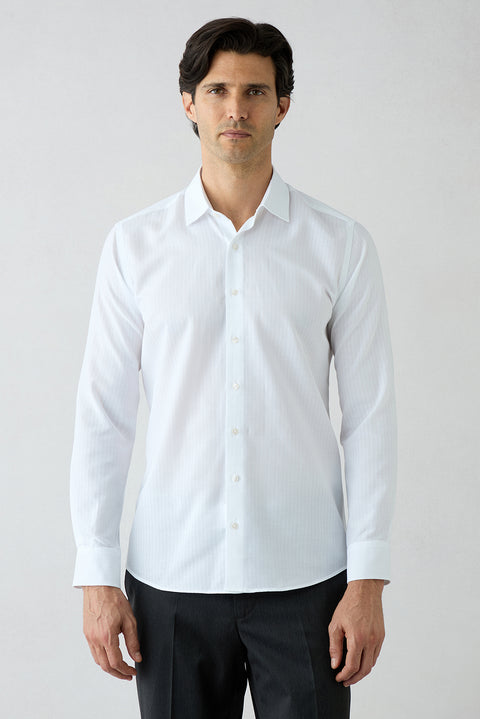 Beyaz Uzun Kol Slim Fit %100 Pamuk Çizgili Gömlek