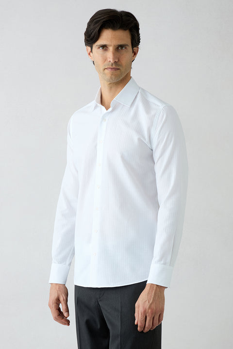 Beyaz Uzun Kol Slim Fit %100 Pamuk Çizgili Gömlek