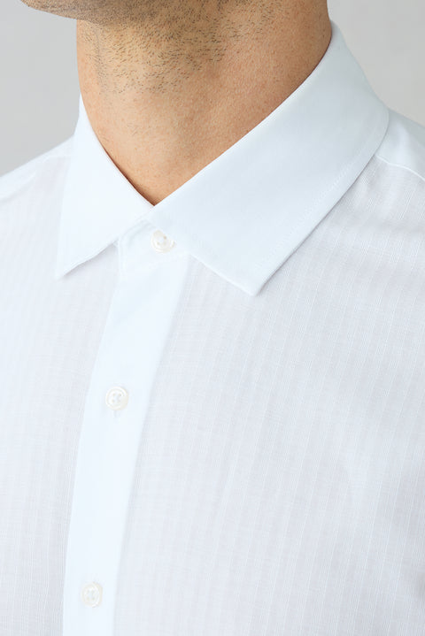 Beyaz Uzun Kol Slim Fit %100 Pamuk Çizgili Gömlek