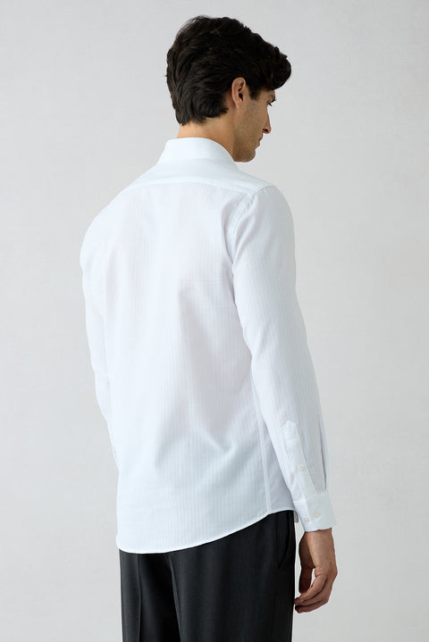 Beyaz Uzun Kol Slim Fit %100 Pamuk Çizgili Gömlek