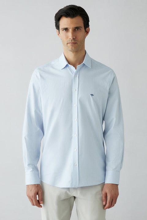 Light Blue Long Sleeve Regular Fit Striped Cotton Shirt