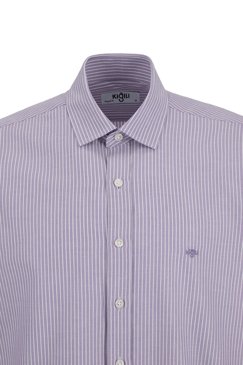 Light Purple Long Sleeve Regular Fit Striped Cotton Shirt