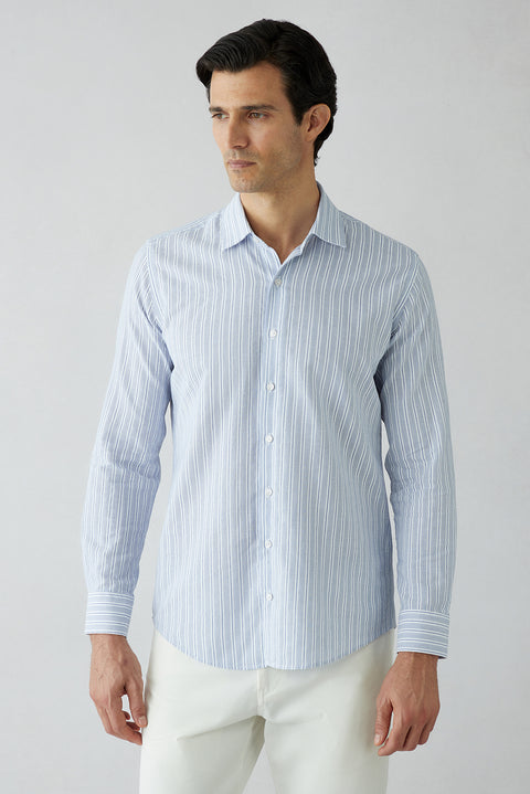 Light Navy Long Sleeve Slim Fit Striped Cotton Shirt