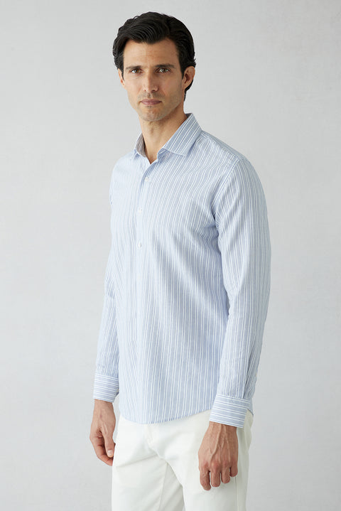 Light Navy Long Sleeve Slim Fit Striped Cotton Shirt