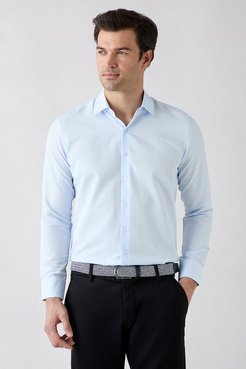 Açık Mavi Uzun Kol Slim Fit Klasik Desenli Pamuklu Kolay Ütülenebilir Gömlek