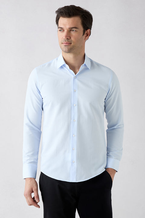 Açık Mavi Uzun Kol Slim Fit Klasik Desenli Pamuklu Kolay Ütülenebilir Gömlek