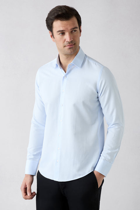 Açık Mavi Uzun Kol Slim Fit Klasik Desenli Pamuklu Kolay Ütülenebilir Gömlek