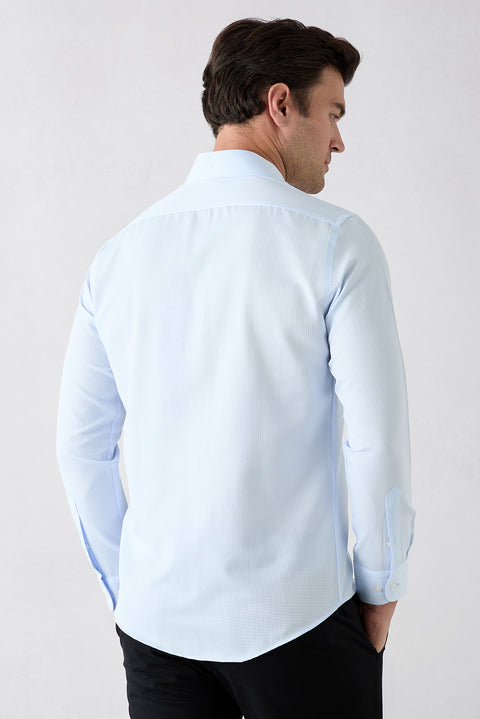Açık Mavi Uzun Kol Slim Fit Klasik Desenli Pamuklu Kolay Ütülenebilir Gömlek