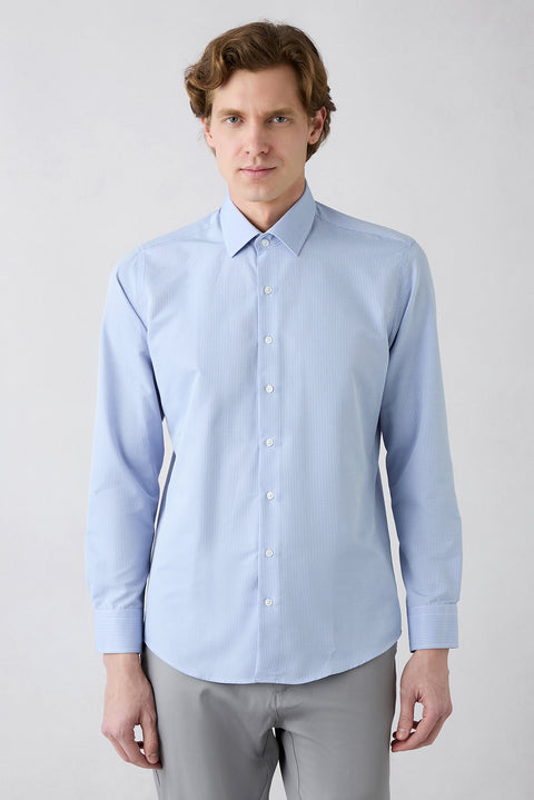 Koyu Mavi  Uzun Kol Slim Fit Klasik Desenli Pamuklu Kolay Ütülenebilir Gömlek