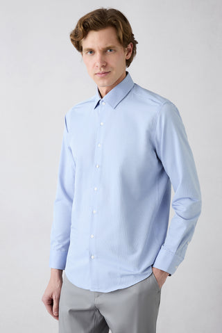  Koyu Mavi  Uzun Kol Slim Fit Pamuklu Armürlü Gömlek