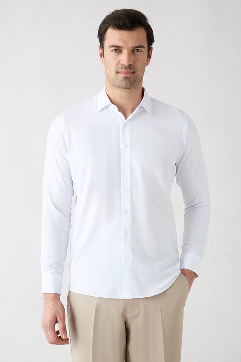 Beyaz Uzun Kol Slim Fit Klasik Desenli Pamuklu Kolay Ütülenebilir Gömlek