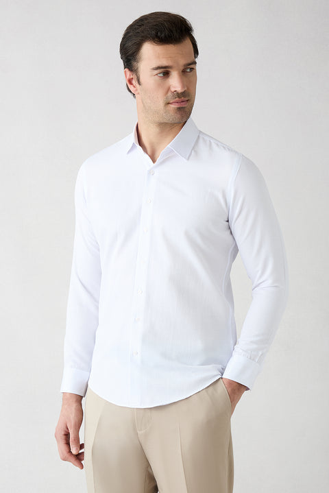Beyaz Uzun Kol Slim Fit Klasik Desenli Pamuklu Kolay Ütülenebilir Gömlek