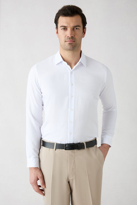 Beyaz Uzun Kol Slim Fit Klasik Desenli Pamuklu Kolay Ütülenebilir Gömlek