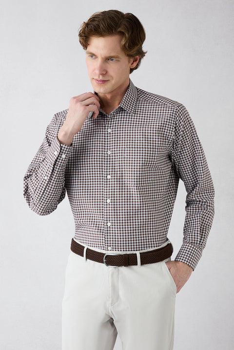 Orta Kahve Uzun Kol Regular Fit Cepli Ekose Pamuklu Kolay Ütülenebilir Gömlek