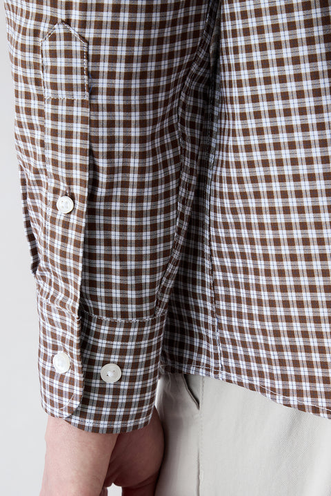 Orta Kahve Uzun Kol Regular Fit Cepli Ekose Pamuklu Kolay Ütülenebilir Gömlek