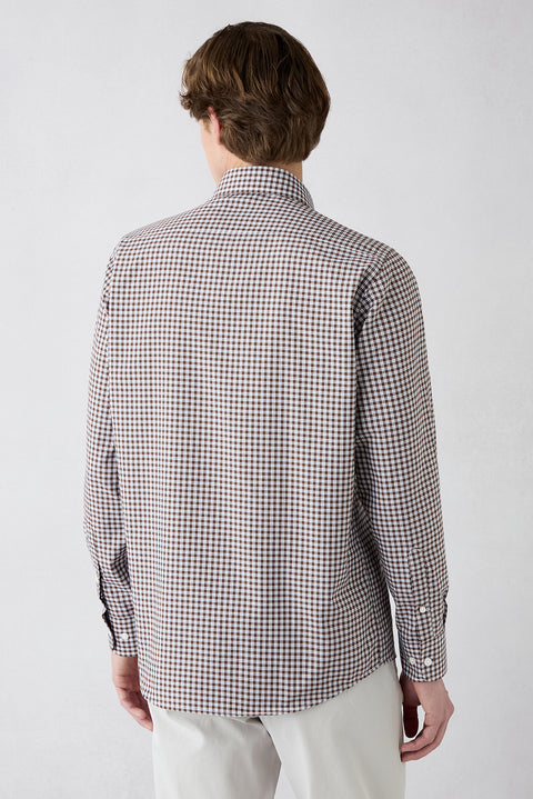 Orta Kahve Uzun Kol Regular Fit Cepli Ekose Pamuklu Kolay Ütülenebilir Gömlek