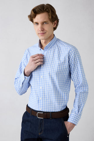  Mavi Uzun Kol Regular Fit  Ekose Pamuklu Gömlek