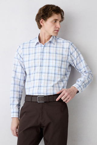  Mavi Uzun Kol Regular Pamuk Ekose Gömlek