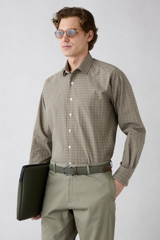  Orta Haki Uzun Kol Regular Fit Ekose Pamuk Gömlek