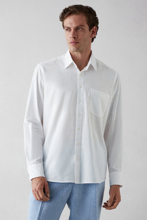 White Long Sleeve Regular Fit Cotton Plain Shirt