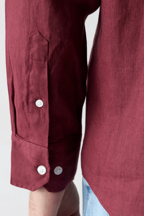 Açık Bordo Uzun Kol Regular Fit Düğmeli Yaka Cepli %100 Keten Gömlek