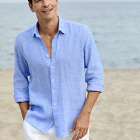 Dark Blue Long Sleeve Regular Fit Striped 100% Linen Shirt