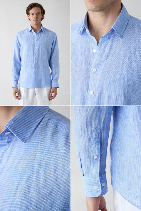 Dark Blue Long Sleeve Regular Fit Striped 100% Linen Shirt