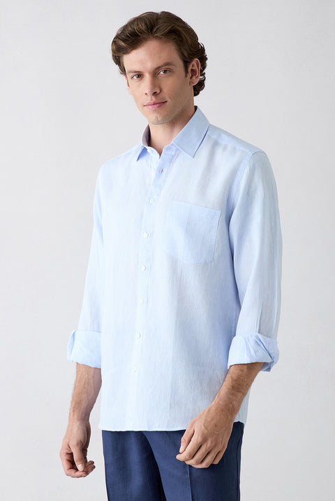 Light Blue Long Sleeve Regular Fit Linen Plain Shirt