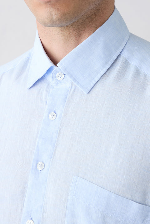 Light Blue Long Sleeve Regular Fit Linen Plain Shirt