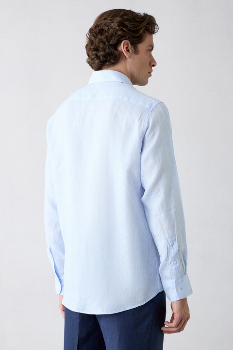 Light Blue Long Sleeve Regular Fit Linen Plain Shirt