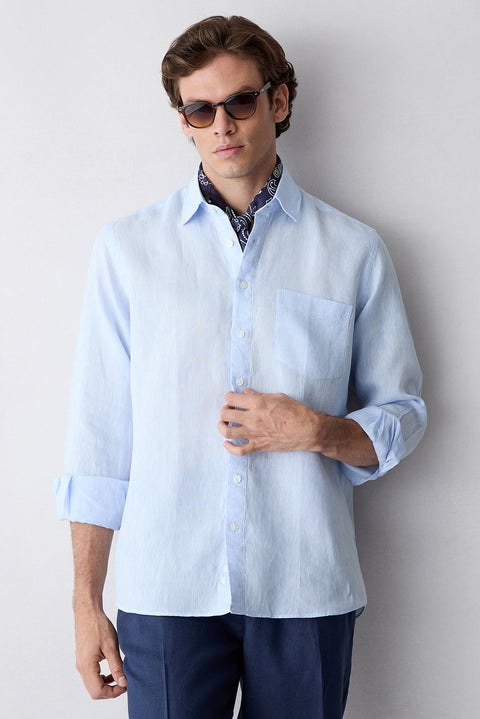 Light Blue Long Sleeve Regular Fit Linen Plain Shirt