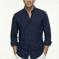 Koyu Lacivert Uzun Kol Regular Fit Düğmeli Yaka Spor Pamuk Nefes Alabilen Keten Görünümlü Gömlek