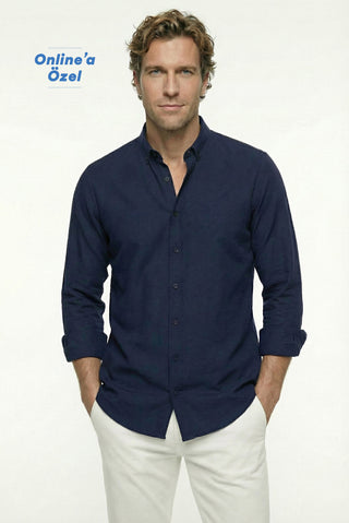  Koyu Lacivert Uzun Kol Regular Fit Düğmeli Yaka Spor Pamuk Nefes Alabilen Keten Görünümlü Gömlek