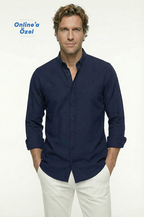 Koyu Lacivert Uzun Kol Regular Fit Düğmeli Yaka Spor Pamuk Nefes Alabilen Keten Görünümlü Gömlek