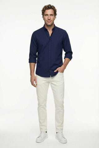  Koyu Lacivert Uzun Kol Regular Fit Düğmeli Yaka Spor Pamuk Nefes Alabilen Keten Görünümlü Gömlek