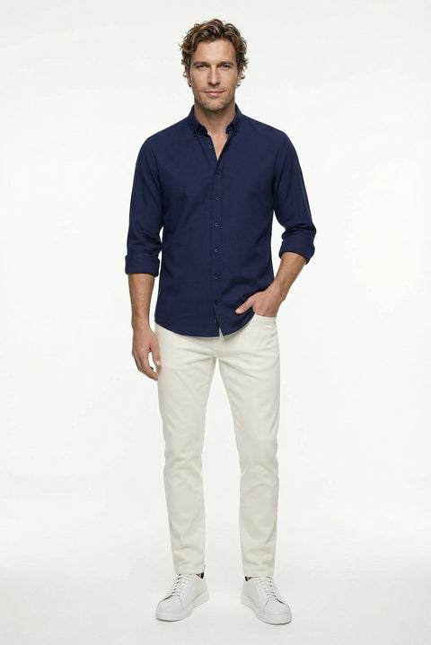 Koyu Lacivert Uzun Kol Regular Fit Düğmeli Yaka Spor Pamuk Nefes Alabilen Keten Görünümlü Gömlek