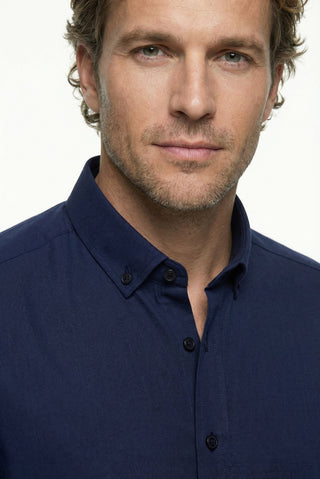  Koyu Lacivert Uzun Kol Regular Fit Düğmeli Yaka Spor Pamuk Nefes Alabilen Keten Görünümlü Gömlek