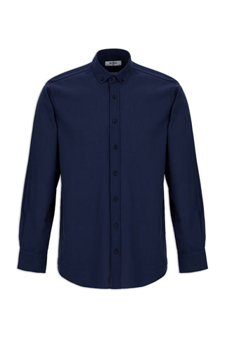  Koyu Lacivert Uzun Kol Regular Fit Düğmeli Yaka Spor Pamuk Nefes Alabilen Keten Görünümlü Gömlek