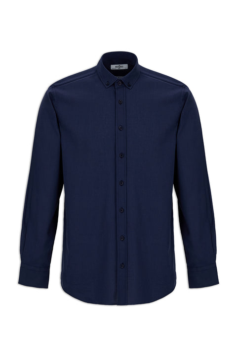 Koyu Lacivert Uzun Kol Regular Fit Düğmeli Yaka Spor Pamuk Nefes Alabilen Keten Görünümlü Gömlek