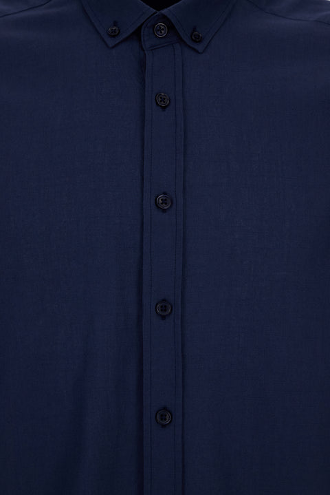 Koyu Lacivert Uzun Kol Regular Fit Düğmeli Yaka Spor Pamuk Nefes Alabilen Keten Görünümlü Gömlek
