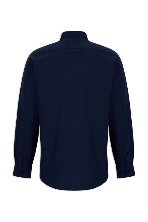 Koyu Lacivert Uzun Kol Regular Fit Düğmeli Yaka Spor Pamuk Nefes Alabilen Keten Görünümlü Gömlek