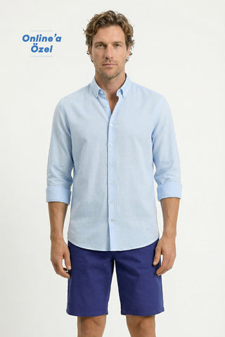  Açık Mavi Uzun Kol Regular Fit Düğmeli Yaka Spor Pamuk Nefes Alabilen Keten Görünümlü Gömlek