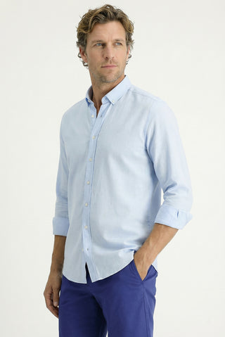  Açık Mavi Uzun Kol Regular Fit Düğmeli Yaka Spor Pamuk Nefes Alabilen Keten Görünümlü Gömlek