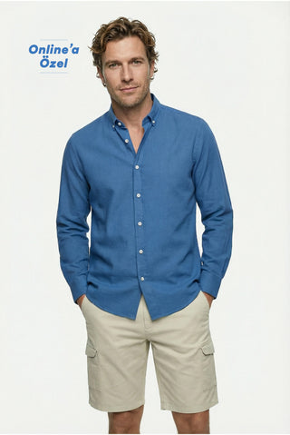  İndigo Uzun Kol Regular Fit Düğmeli Yaka Spor Pamuk Nefes Alabilen Keten Görünümlü Gömlek