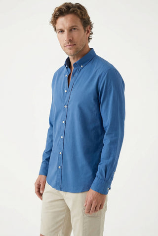  İndigo Uzun Kol Regular Fit Düğmeli Yaka Spor Pamuk Nefes Alabilen Keten Görünümlü Gömlek