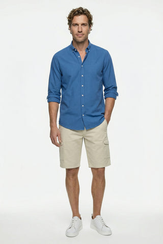  İndigo Uzun Kol Regular Fit Düğmeli Yaka Spor Pamuk Nefes Alabilen Keten Görünümlü Gömlek