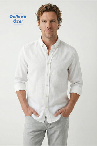  Beyaz Uzun Kol Regular Fit Düğmeli Yaka Spor Pamuk Nefes Alabilen Keten Görünümlü Gömlek