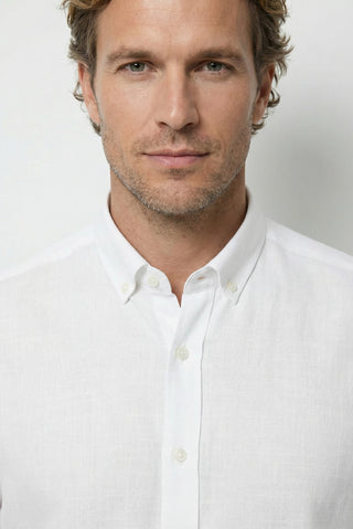  Beyaz Uzun Kol Regular Fit Düğmeli Yaka Spor Pamuk Nefes Alabilen Keten Görünümlü Gömlek