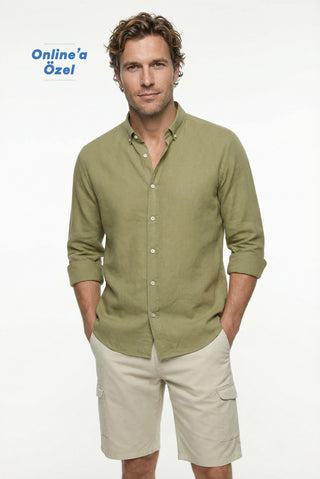  Açık Haki Uzun Kol Regular Fit Düğmeli Yaka Spor Pamuk Nefes Alabilen Keten Görünümlü Gömlek