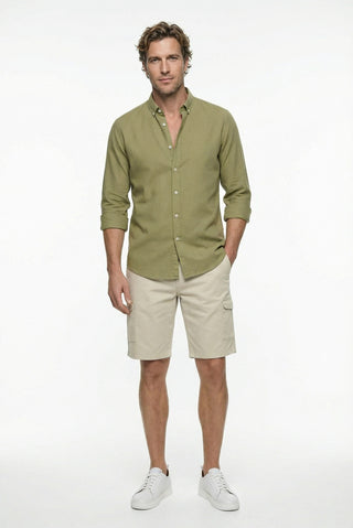  Açık Haki Uzun Kol Regular Fit Düğmeli Yaka Spor Pamuk Nefes Alabilen Keten Görünümlü Gömlek
